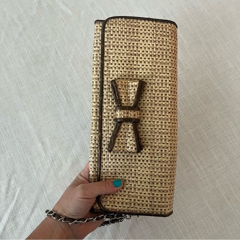 NWOT Bueno Tan and Brown Woven Clutch with Bow - Picture 10 of 13
